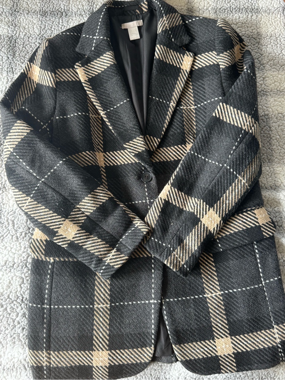 H&M Black and Cream Plaid Single-Button Blazer